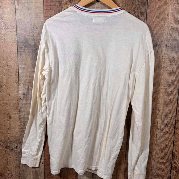 PacSun Discover Embroidered Long Sleeve Tee Mens Medium Cream Striped Collar Y2K - Picture 4 of 6